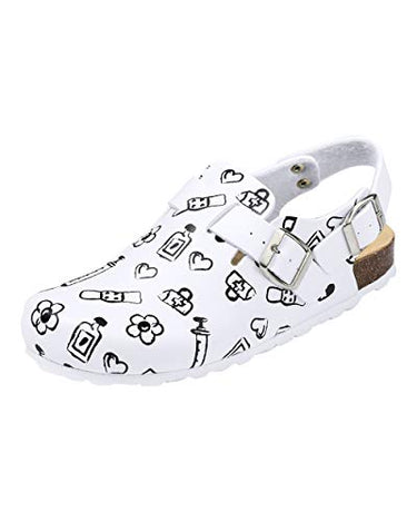 CLINIC DRESS Clog - Clogs Damen bunt weiß Motiv. Schuhe für Krankenschwestern, Ärzte oder Pflegekräfte weiß/schwarz, Health Care 38 im Sale